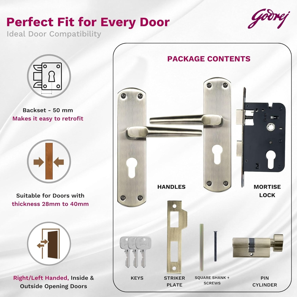 Godrej Mortise Lock I Handle Set 1CK EM01 I Antique Brass Finish I 6-Lever Lock I 3 Keys I Double Throw I 5